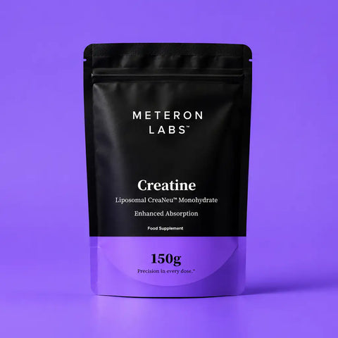 Black supplement package with 'Meteron Labs' branding on a purple background