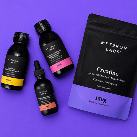 Meteron Labs products including bottles and a package on a purple background