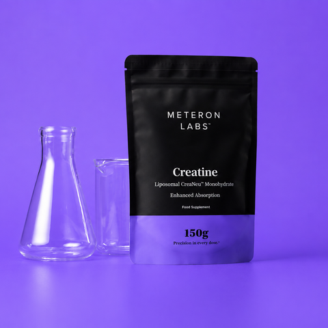 Meteron Labs creatine supplement package with a beaker on a purple background