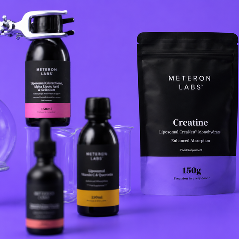 Metenon Labs products including a bottle, a dropper, and a package on a purple background