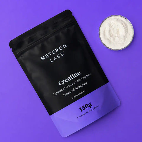 Meyeron Labs Creatine powder packaging with a scoop of powder on a purple background