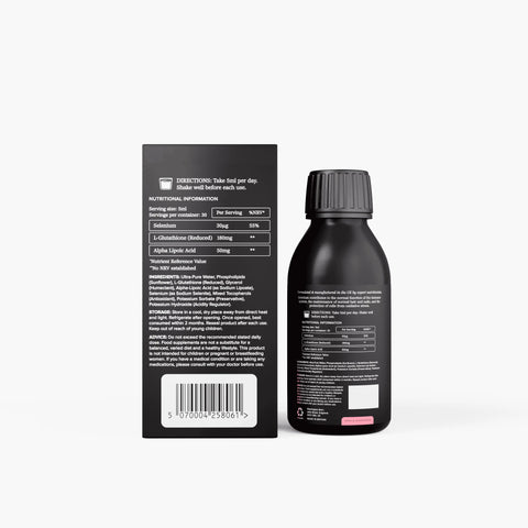 Black bottle liposomal glutathione supplement clean packaging Meteron Labs