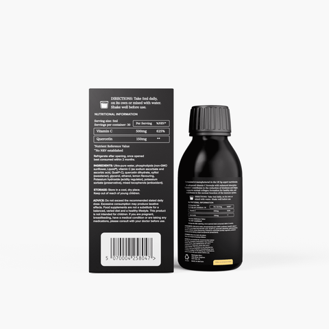 Liposomal vitamin C supplement with quercetin black bottle packaging label 