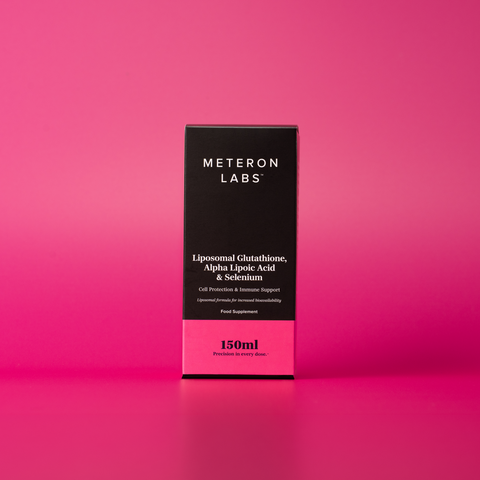 Meteron Labs supplement box on a pink background