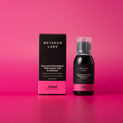 Meteron Labs bottle and packaging on a pink background