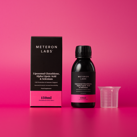 Meteron Labs product packaging and bottle on a pink background