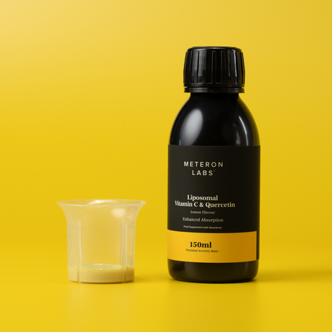 Black bottle of Meteron Labs supplement with a yellow label on a yellow background
