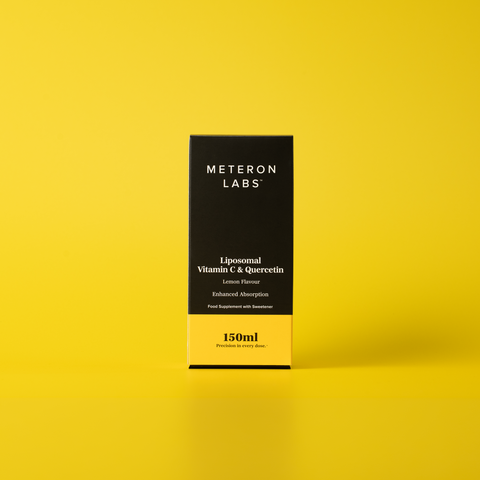 Meteron Labs product packaging on a yellow background