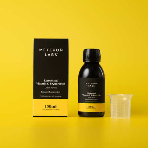Meteron Labs liposomal vitamin C & querceitin product on a yellow background