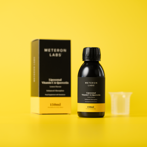 Black bottle and box of Meteron Labs on a yellow background