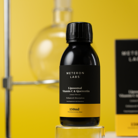 Black bottle of Meteron Labs Liposomal Vitamin C & Quercetin on a yellow background
